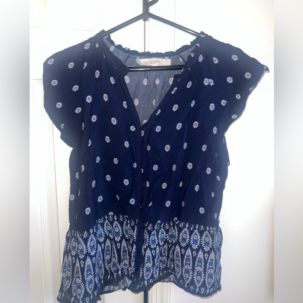 LOFT Navy Blue Patterned Women's Top M